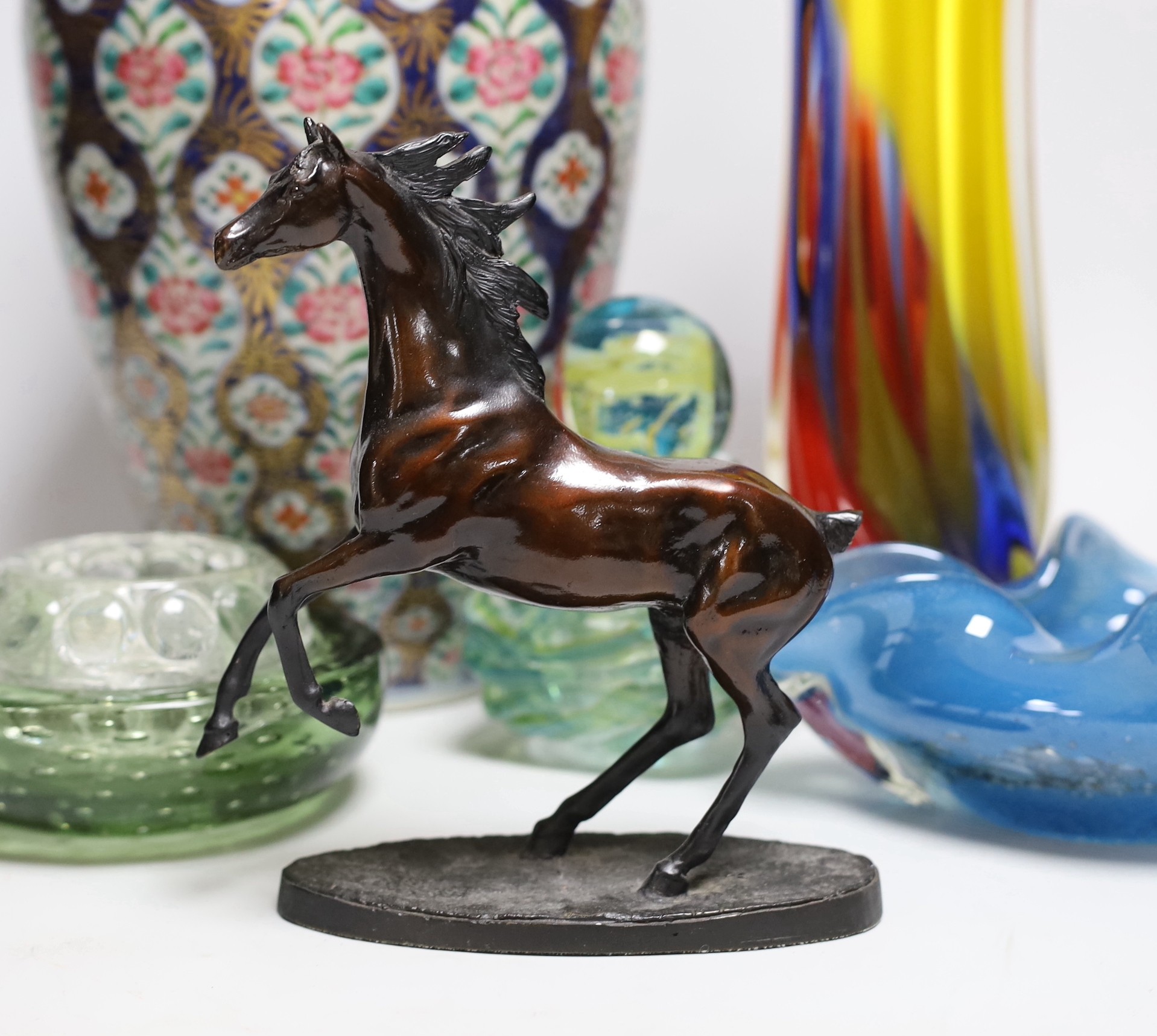 Various art glass bowls, a scent bottle and vase, a Continental ceramic vase and a Franklin mint horse (7)